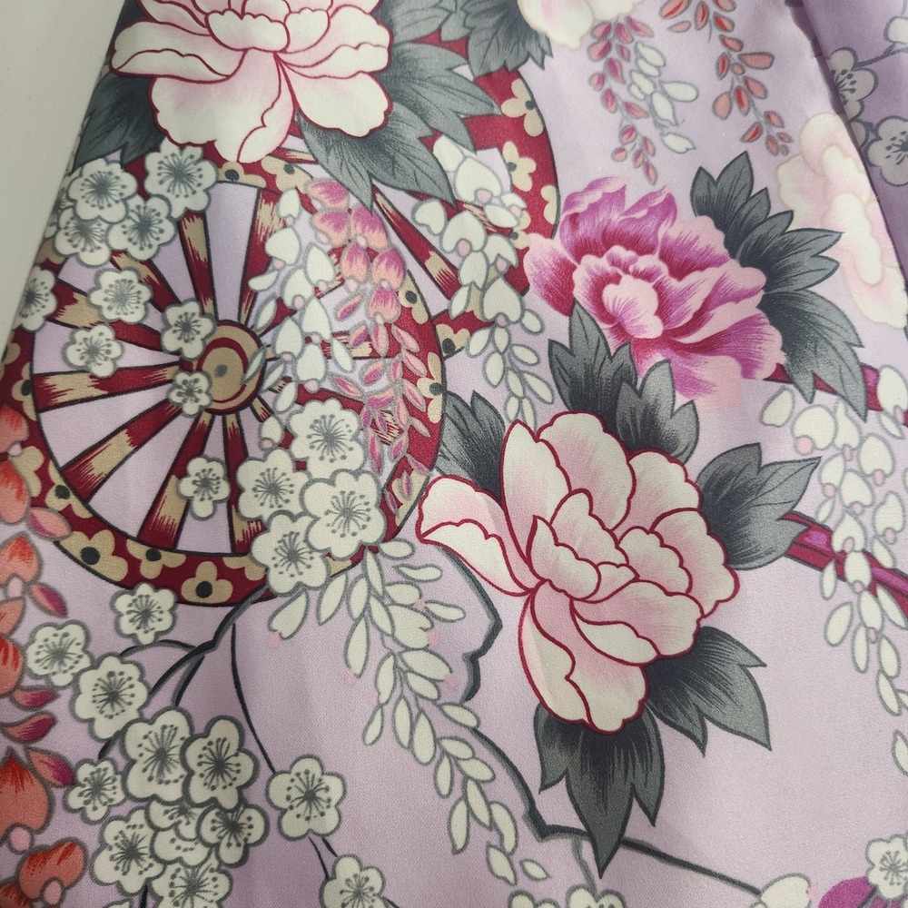 Vtg Maruky Kyoto Tokyo Kimono Wrap Robe Lavender Satin Cherry Blossoms Maxi - Picture 9 of 11